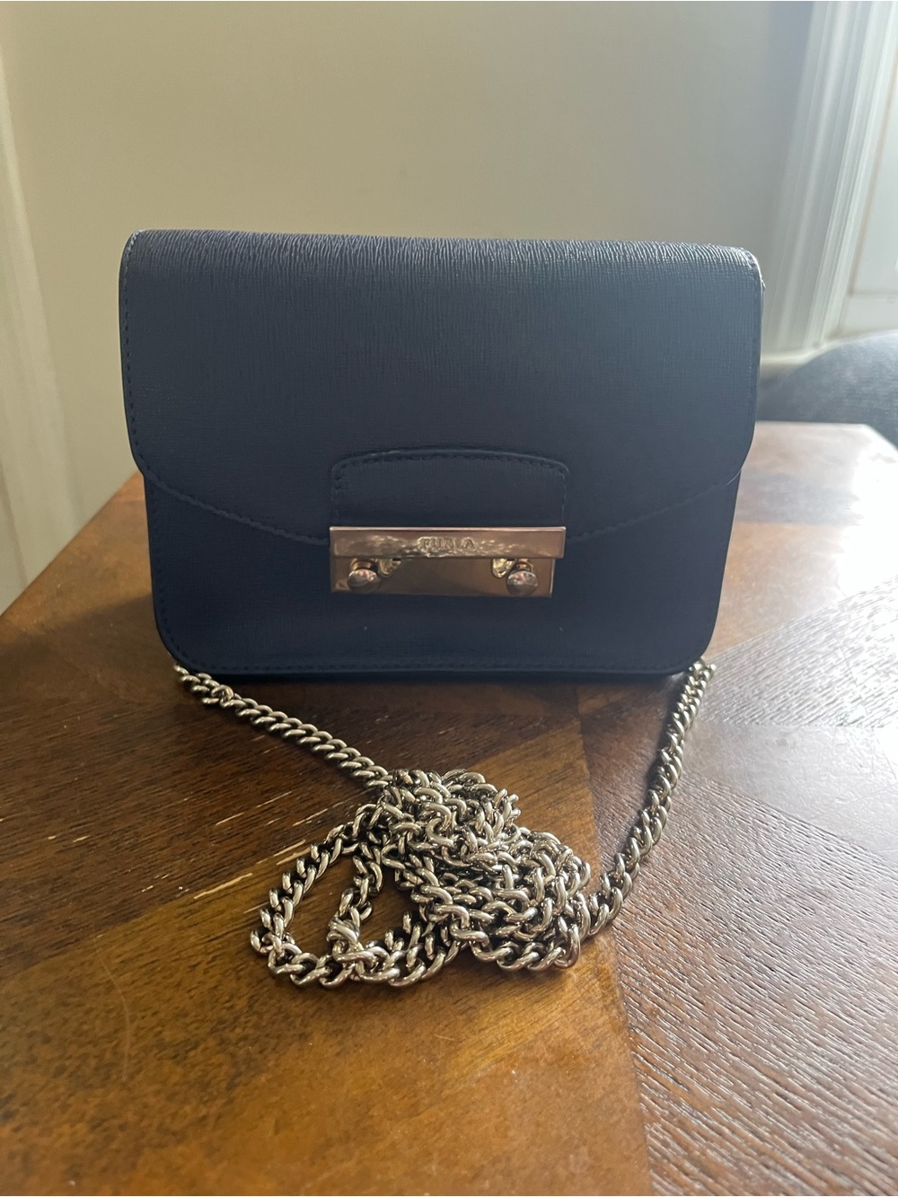 Furla Classic Navy Metropolis Mini Crossbody Bag with Chain Strap
